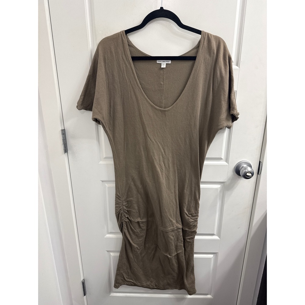 Standard James Perse Womens Khaki Brown Ruched Scoop Neck Short Sleeve Dress 1